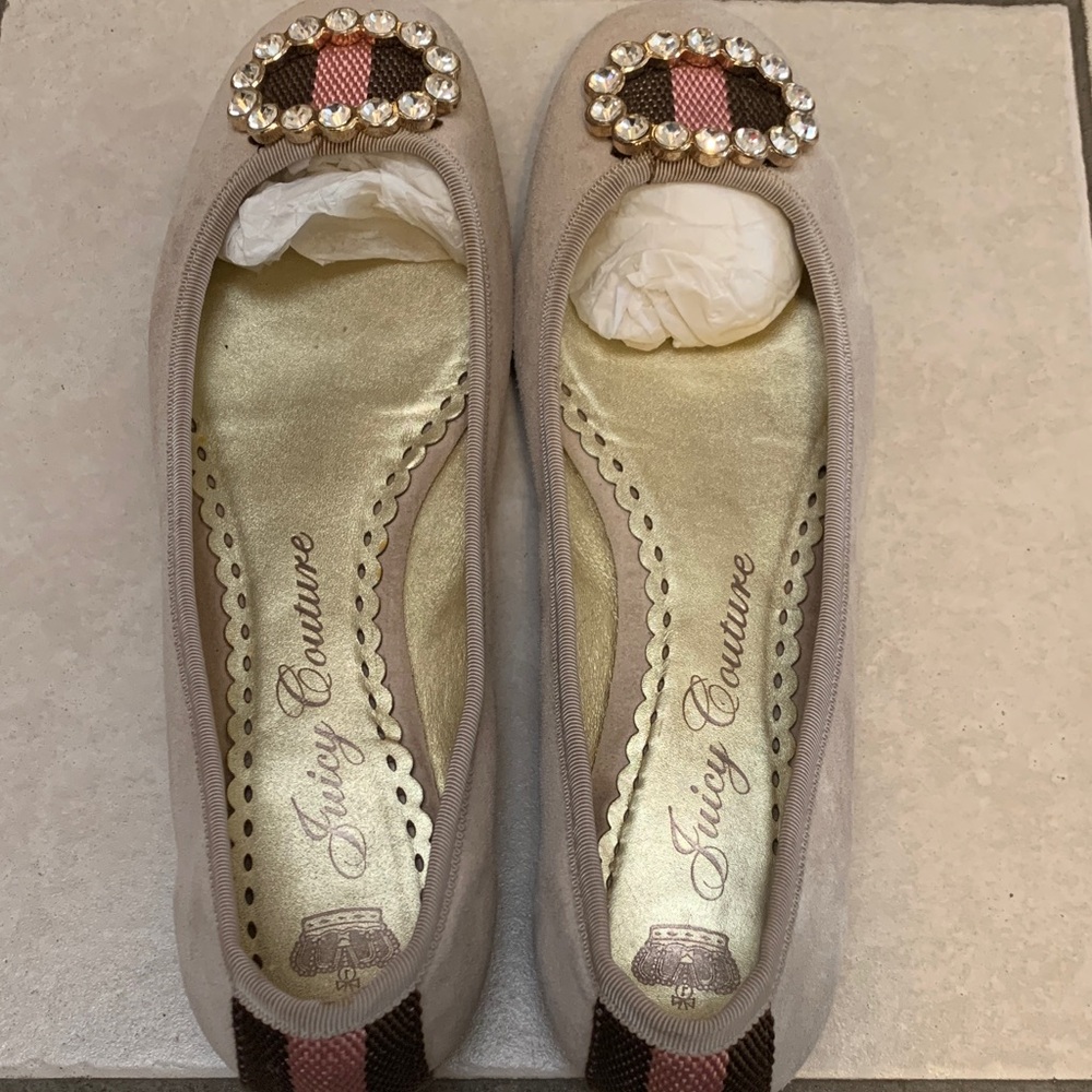 Juicy Couture Beige Crystal-Embellished Ballet Flats